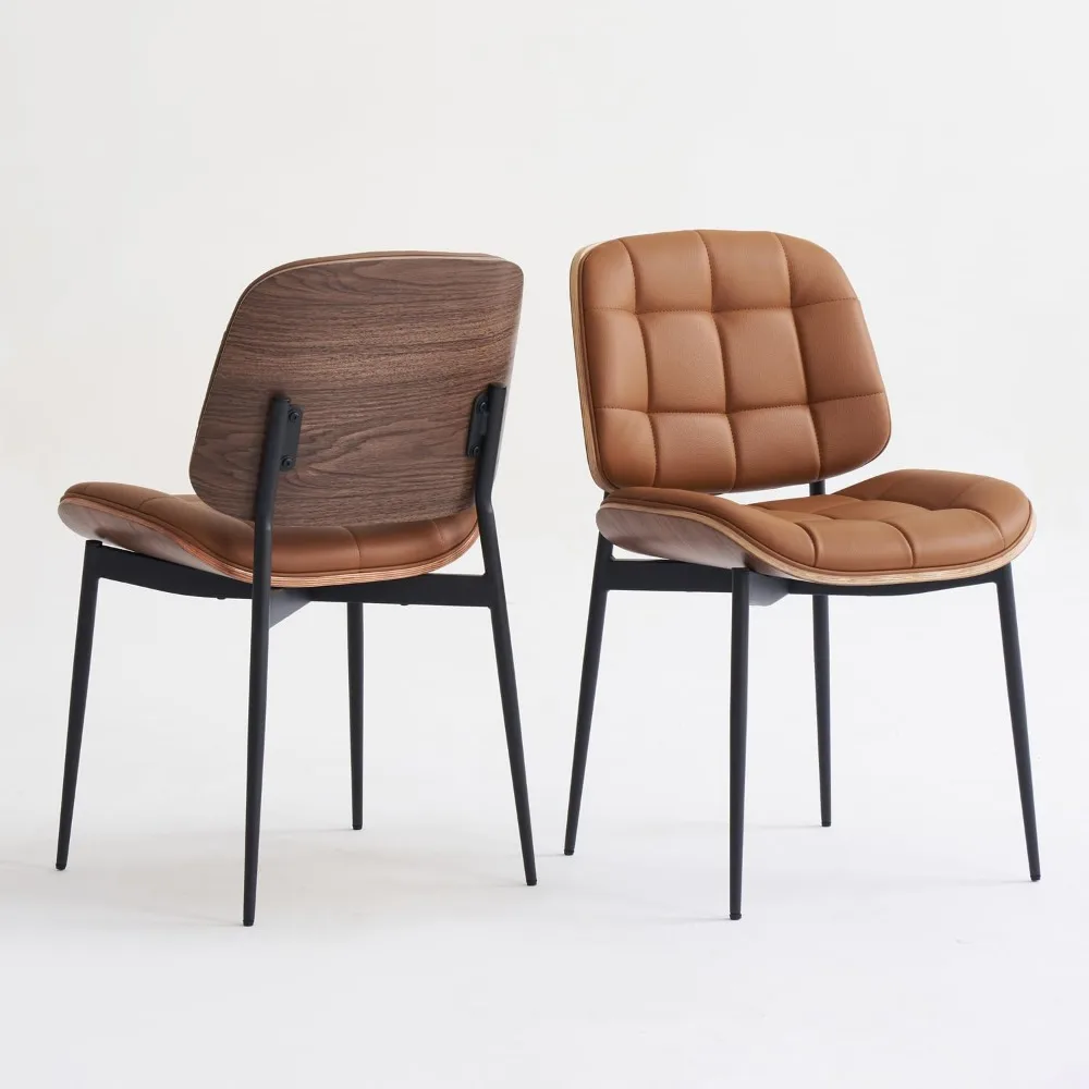 مجموعة من 4 كراسي لتناول الطعام الحديثة في منتصف القرن - مقاعد من الجلد الصناعي البني مع وسائد ناعمة مربعة وظهر من حبوب الجوز #2