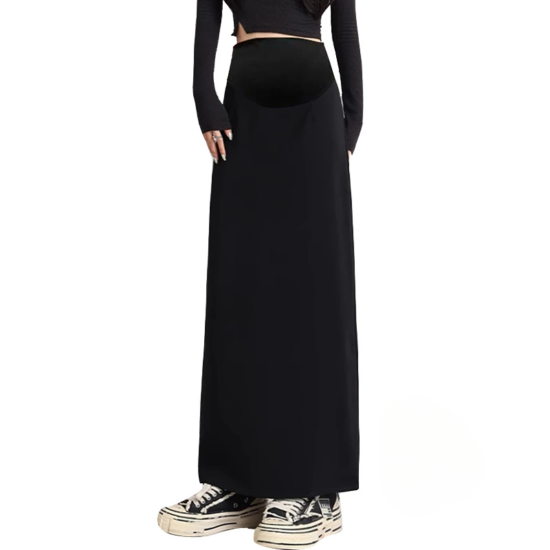 Back Splits Black Maternity Full Maxi Long Skirts 2024 Spring Casual Pencil Bottoms for Pregnant Women Elastic Waist Pregnancy