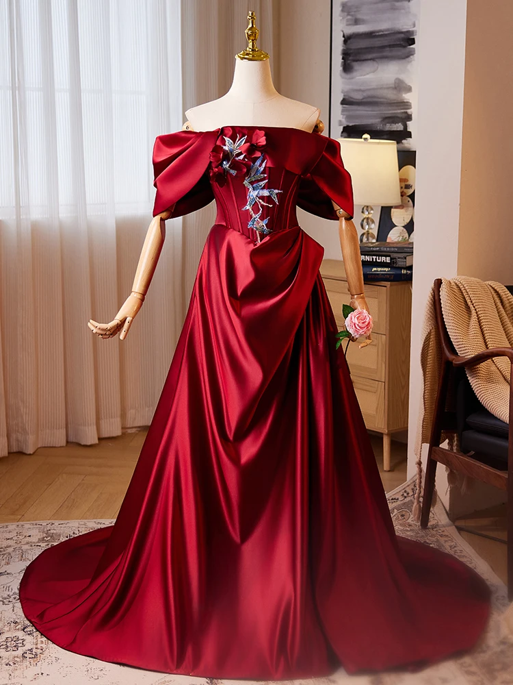 

Red One-oulder Satin Evening Gown for Women Wedding Dr High Waist Slim Fit Long Skirt Korean Sle Flower Embroidery