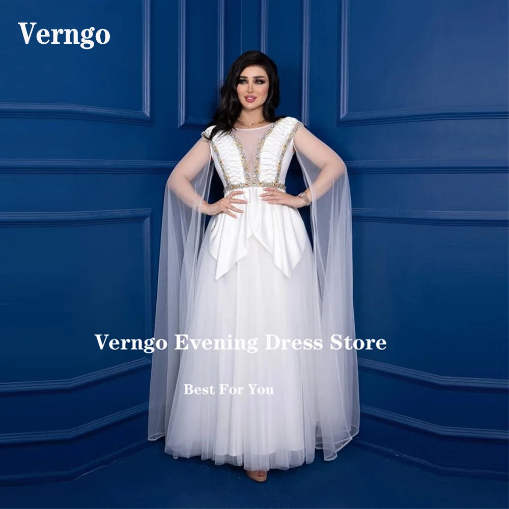 

Verngo White Tulle Dubai Arabic Kaftan Evening Dresses Two Pieces Shiny Sequin Prom Party Gowns Ankle Length Abendkleider