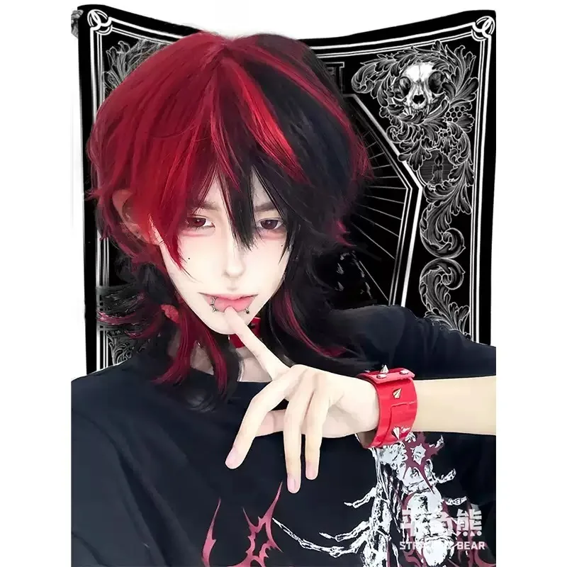 Punk Black‑Red Mullet Wolf Cut Full Wig Layered Shape Heat‑Resistant Synthetic Wig for Trendy Daily Looks Cosplay