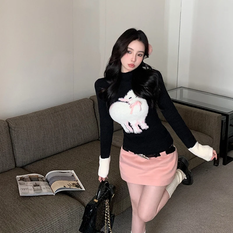 Half High Necked Sweater for Women Lamb Embroidered Sweater Autumn Fashion Slim Pullover Streetwear