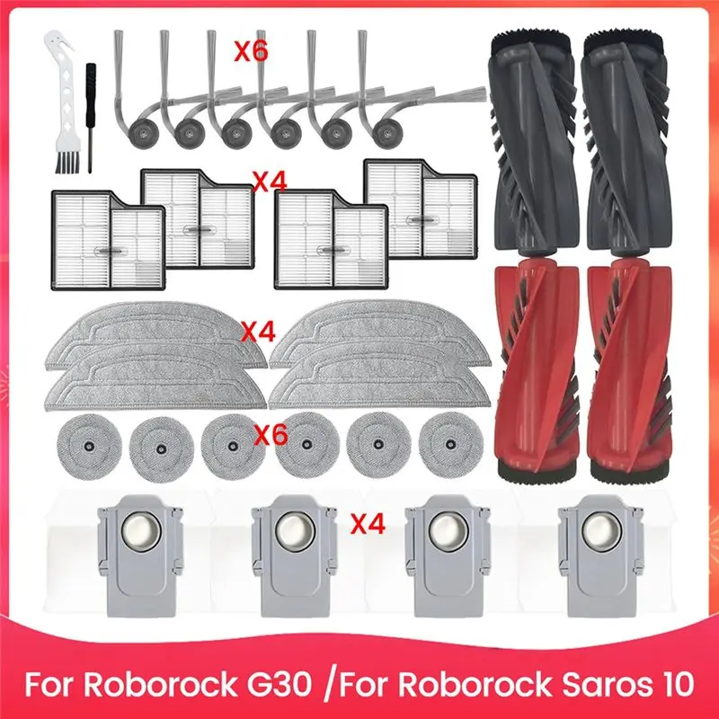

New 30PCS For Roborock Saros 10 / G30 Robot Vacuum Cleaner Replacement Kit Main Side Brush HEPA Filters Mop Cloths Dust Bags
