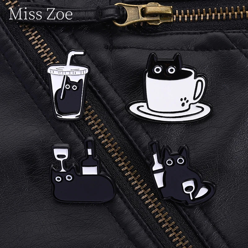 

Funny Wine Bottle Tall Cup Black Cat Enamel Pins Cute And Playful Cartoon Kitty Brooches Backpack Lapel Badge Jewelry Gift