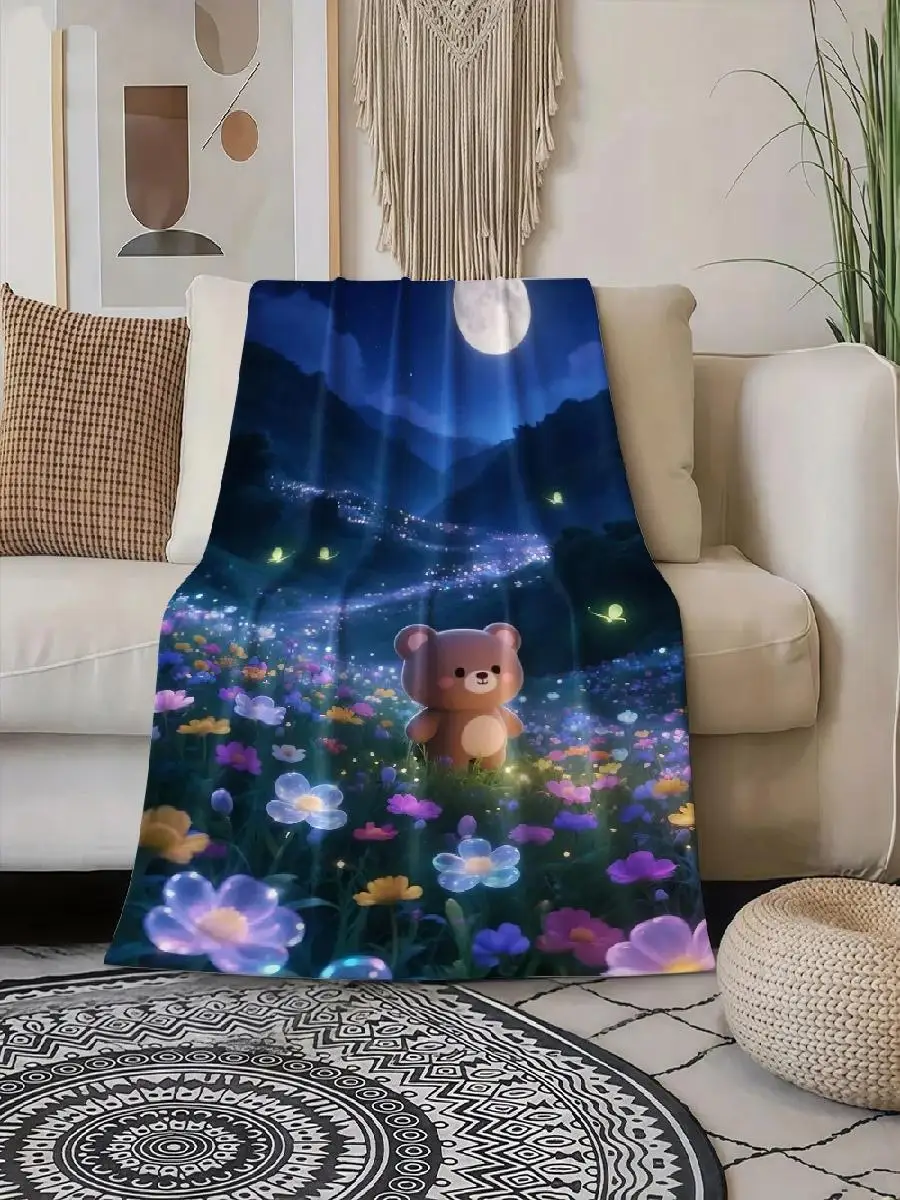 pc Nighttime Bear Print Flannel Blanket  Soft Warm AllSeason Throw with Moonlit Forest  Glowing Flowers Design Cozy Indoor