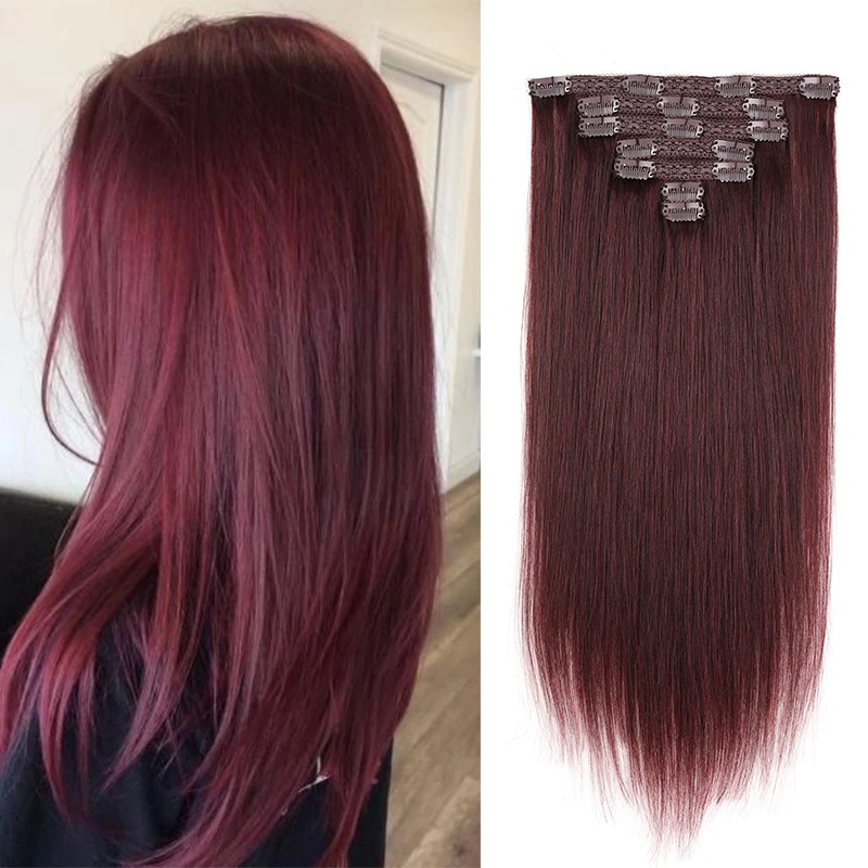 Clip In Hair Extensions Real Human Hair 12-18 Inch 7pcs Human Hair Extension Clip Ins Burgundy Wine Red Long Full Head For Women