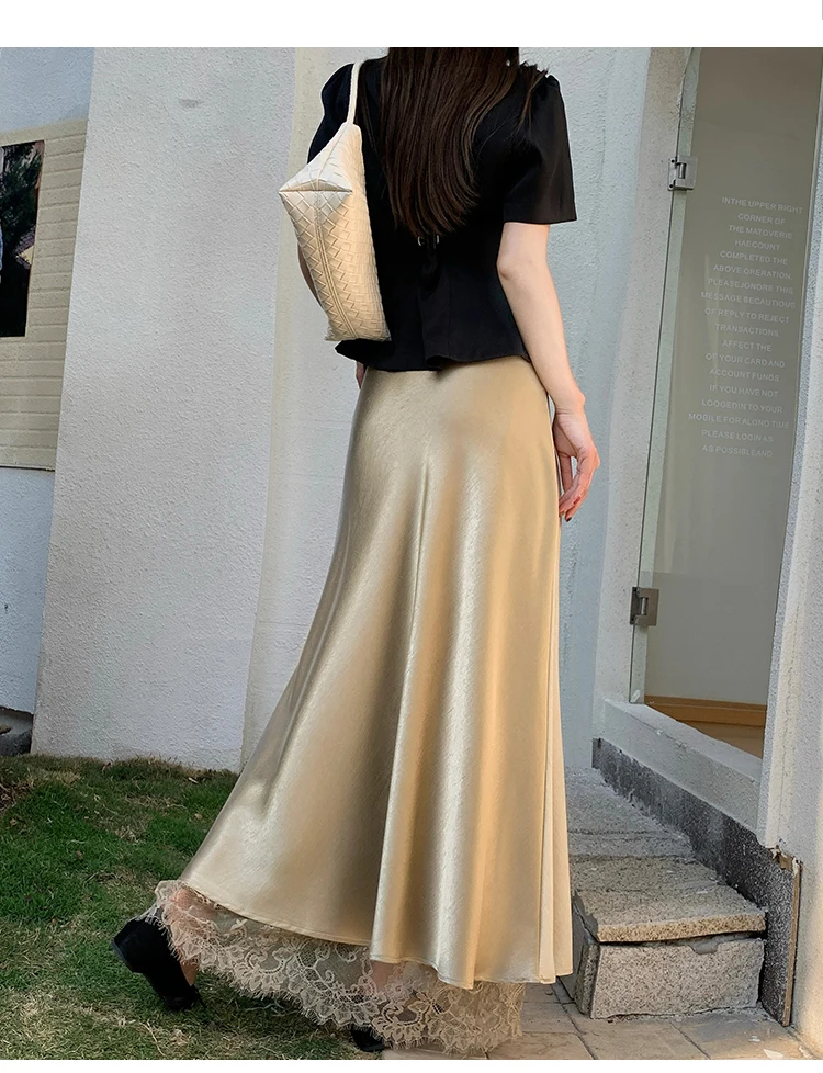 2026 Sommer Herbst Neuer Schlanker Hochwertiger Modischer Halbrock Eleganter Spitzenbesatz Satin Seitenschlitz Damen Midi-Rock – Detail 18