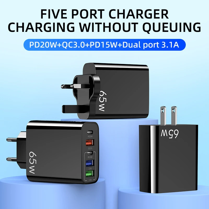 65W Mobile Phone Charger Fast Charge 3USB&PD20W Type-c Port Travel Multi-function Charger For US EU Uk Suitable For Iphone