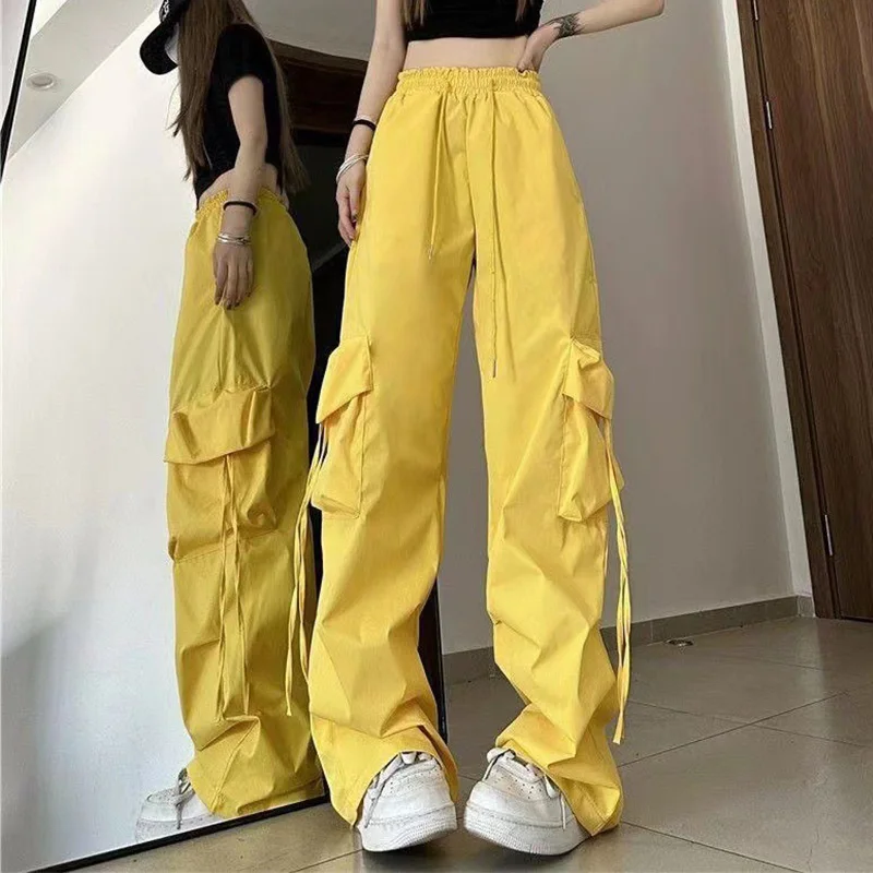 High street retro casual large pocket overalls women's new summer high waist loose straight tube draped wide leg pants