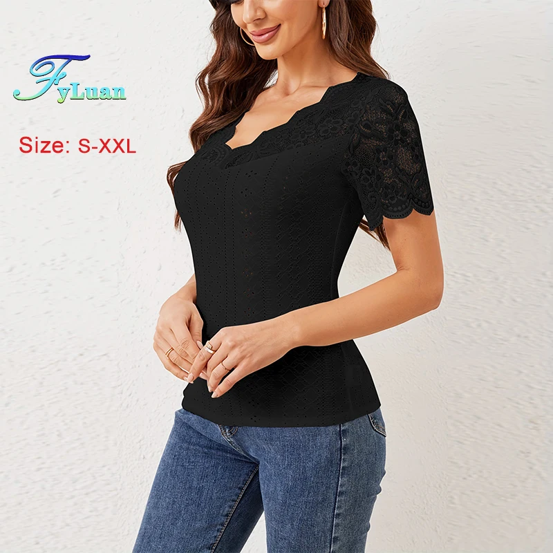 2025 novo produto feminino manga curta camiseta moda leque em forma de borda renda emenda decote em v sexy dentro juntar usando fora topos