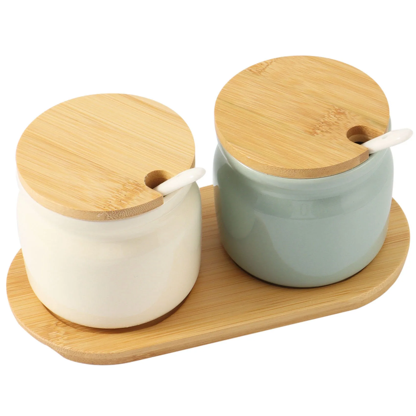 Set of 2 Sugar Bowl,300Ml Ceramic Spice Jar Seasoning Box Condiment Pots Salt Jar with Lid and Spoon for Kitchen,B