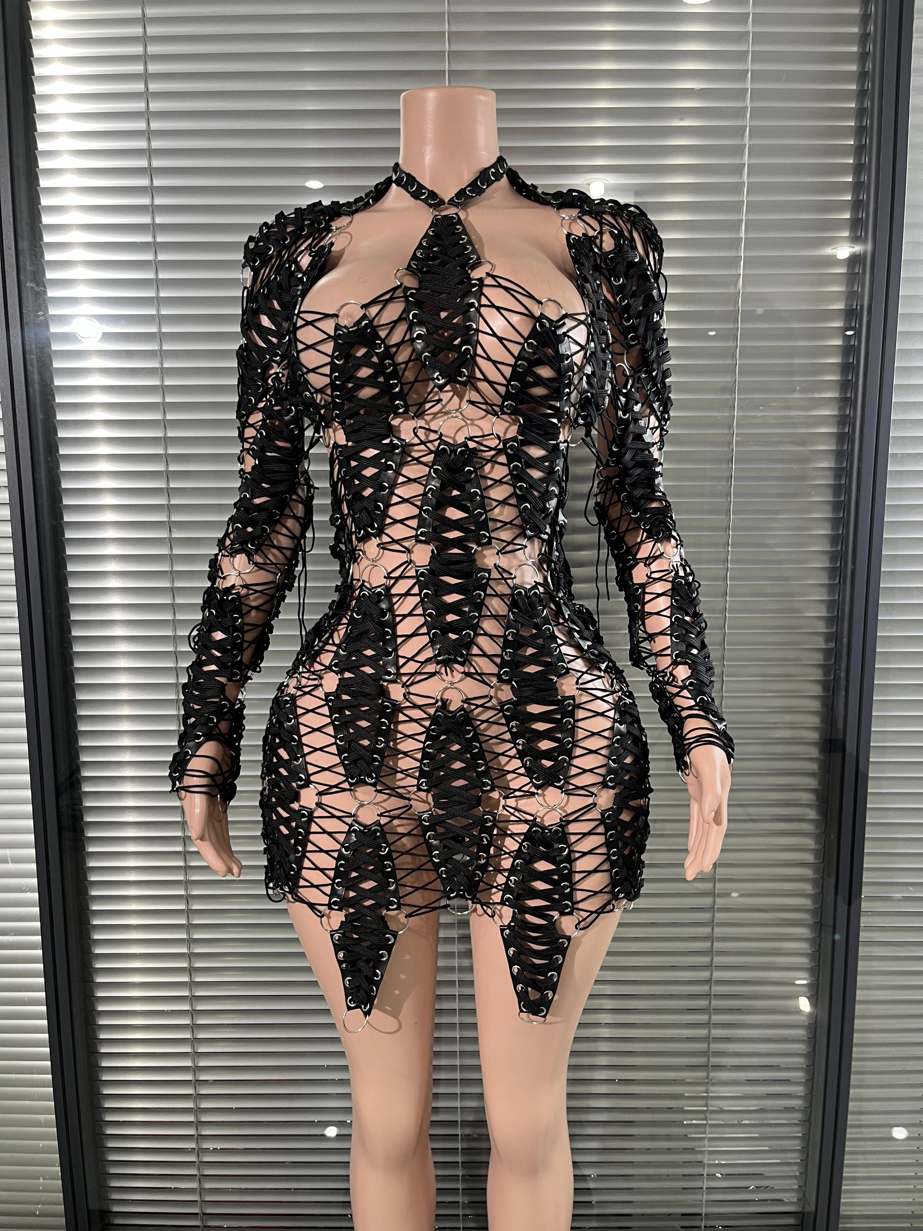 

Avant-Garde Black Sexy Halter Off the Shoulder Backless Knit Bodycon Mini Dress Celebrate Performance Costume Stage Wear