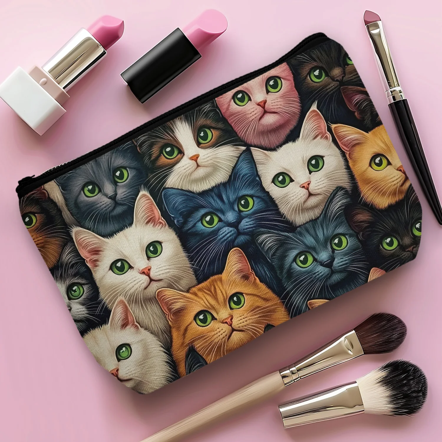 1Pc Vivid Cat Color Cosmetic Bag Durable And Stylish With Zipper Portable Women Cosmetic Bag Suitable For Outdoor Travel Leisure