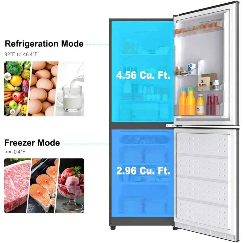 Refrigerator with Bottom Mount Adjustable Mechanical Thermostat with Freezer, Versatile Door Storage, 7.4 Cu.Ft, Stainl