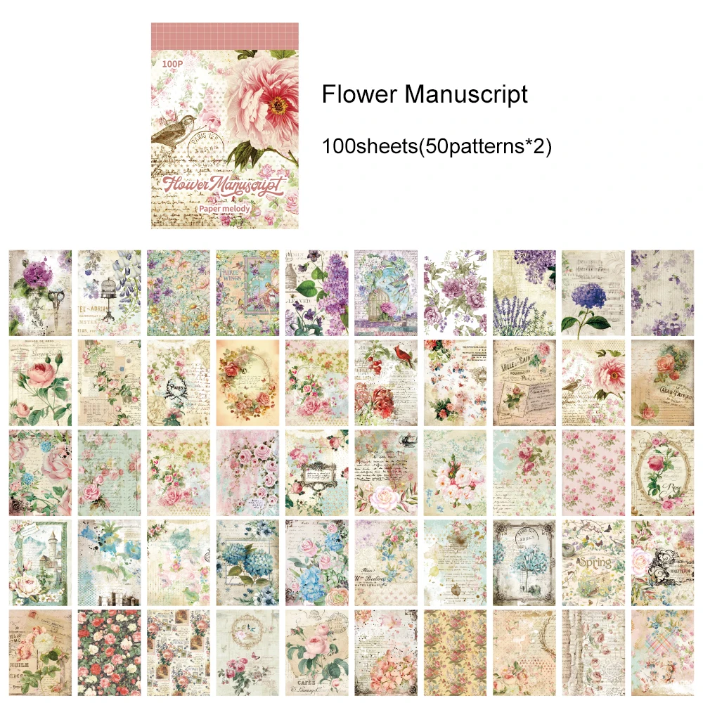 100 Blatt nicht klebendes Vintage-Blumen-Scrapbook-Papier, 2 Materialien mit 50 verschiedenen Mustern, dekoratives Hintergrund-Kraftpapier – Detail 7