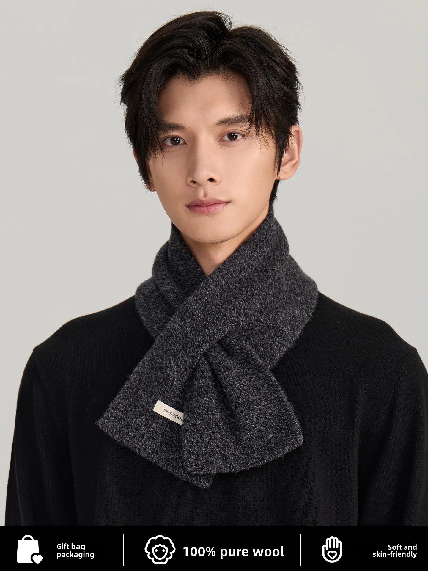高級メンズウールスカーフ-00-カシミヤ-クロスデザイン-暖かい首元保護-秋冬-グレー-多用途-ショートネックウォーマースカーフ