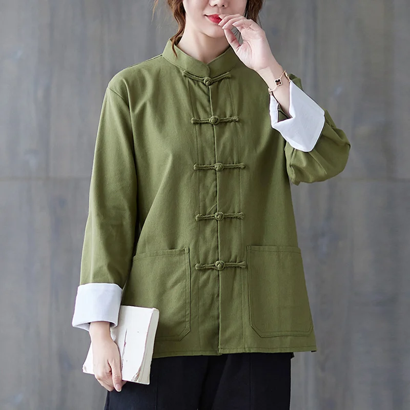 Tang Suit Linen Top Chinese Collar Cardigan Ethnic Style Shirt Loose Women Hanfu Cotton Linen Vintage Traditional Kung Fu Blouse