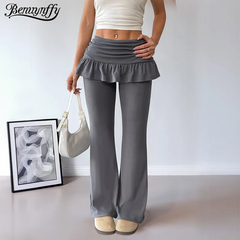 

Benuynffy однотонные расклешенные брюки со средней талией и рюшами, женские осенние повседневные брюки Y2k 202, тонкие универсальные женские брюки в стиле ретро