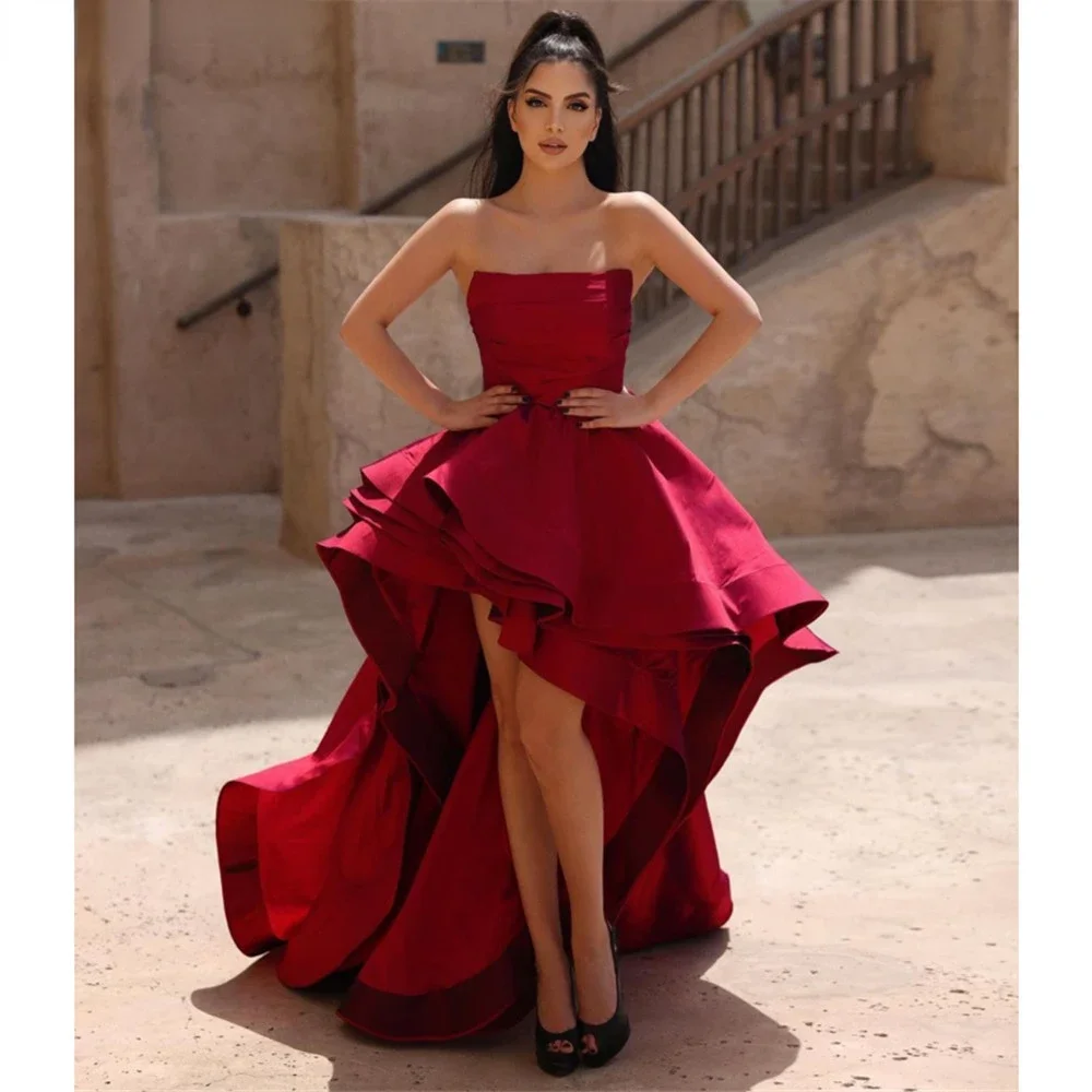 Hoog Laag Strapless A-lijn Galajurken Op maat gemaakte mouwloze robes de soirée Formele feestjurken Dames satijnen avondjurk