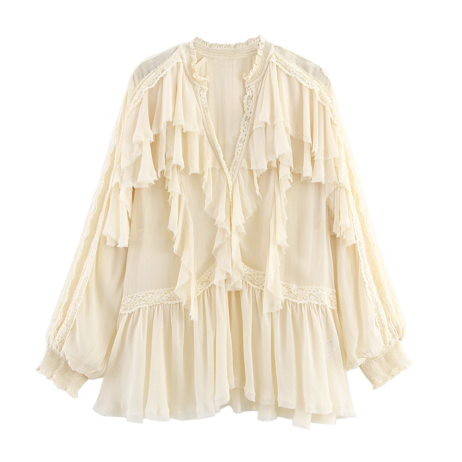 New Fashion Casual Long Sleeve V-neck Tierred Solid Color Loose Fit Lace Pleated Shirt For Women