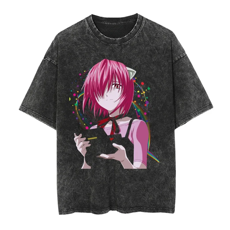 Best Summer Japanese Anime Elfen Lied Retro Washed Vintage T-shirt Streetwear Casual Harajuku Pattern Short-sleeved Trendy