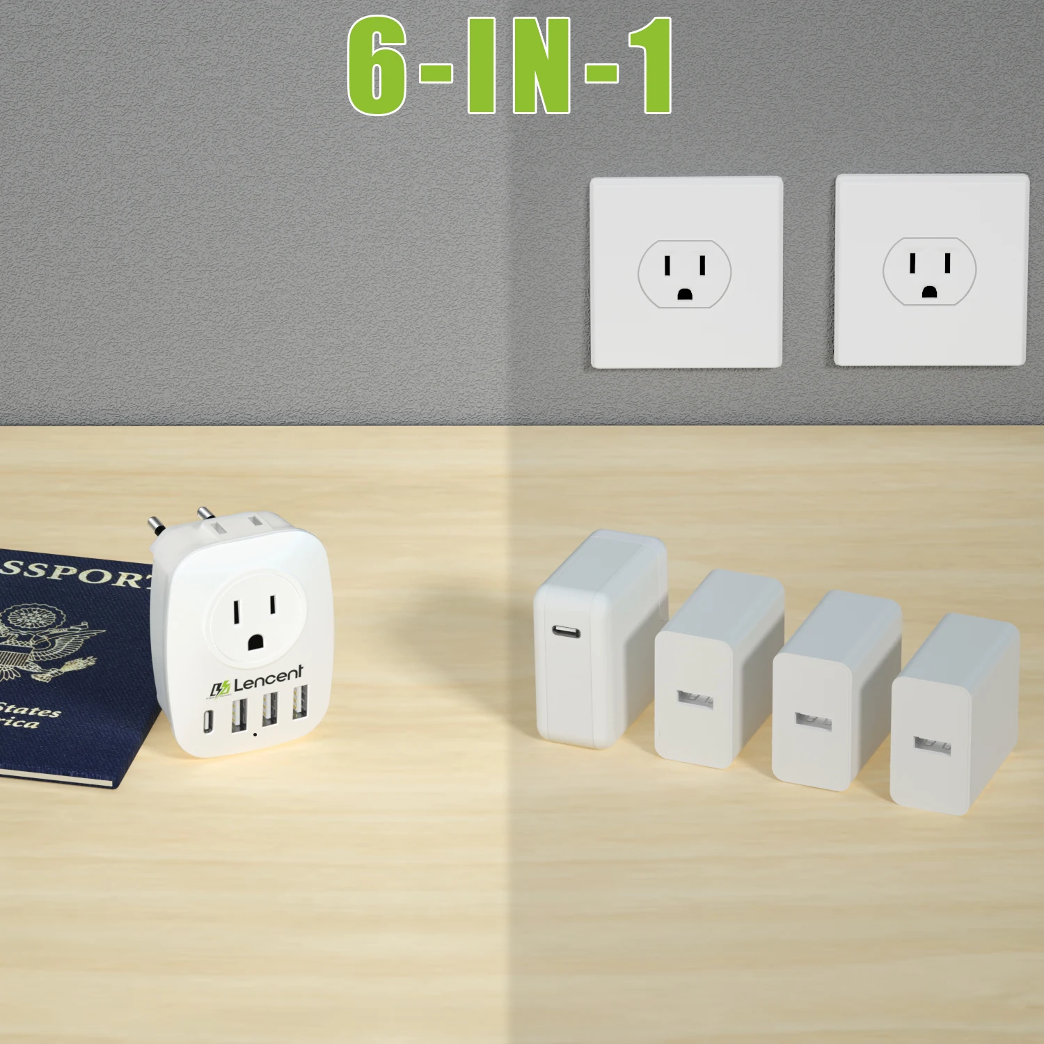 LENCENT US to EU Travel Adapter with 2 AC Outlet 3 USB and 1 Type C Power Adapter Overload Protection 6-in-1 Charger for Travel