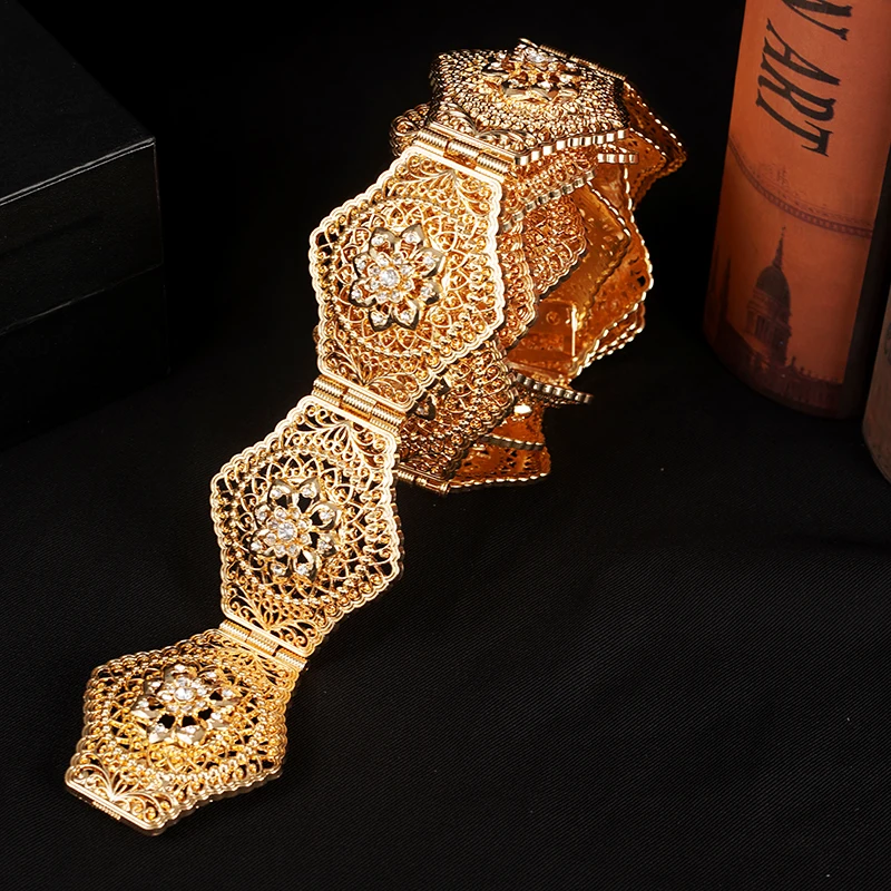 Luxury Moroccan Wedding Metal Belt Long Chain Arabian Dress Body Jewelry Waist Bridal Jewelry Gift Crystal Rose Pattern