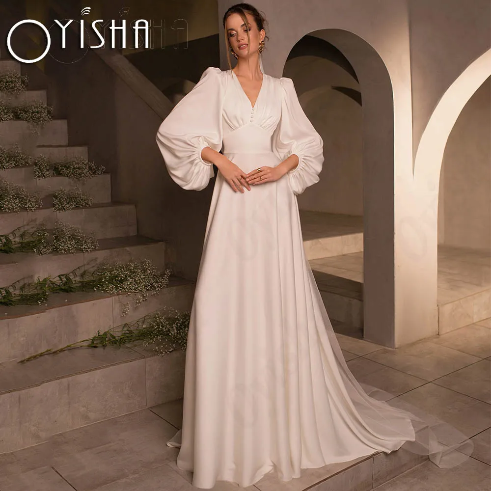 

OYISHA Puff Sleeves A Line Wedding Dress V Neck Elegant Stretchy Satin Bridal Dresses Simple Civil robe de mariée Sweep Train