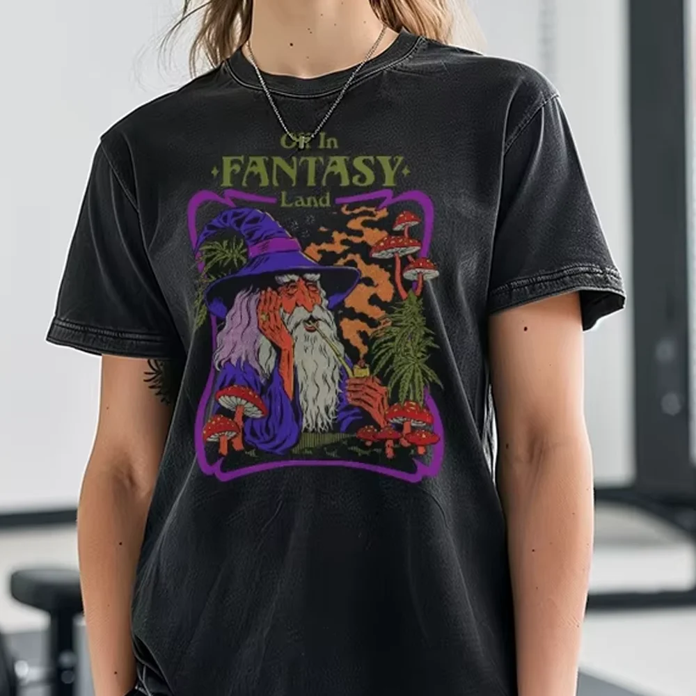 

American Vintage Unisex T-Shirt Loose Oversized Washed Cotton Comfortable Short Sleeve Fashion Design Wizard Print Tee 2025