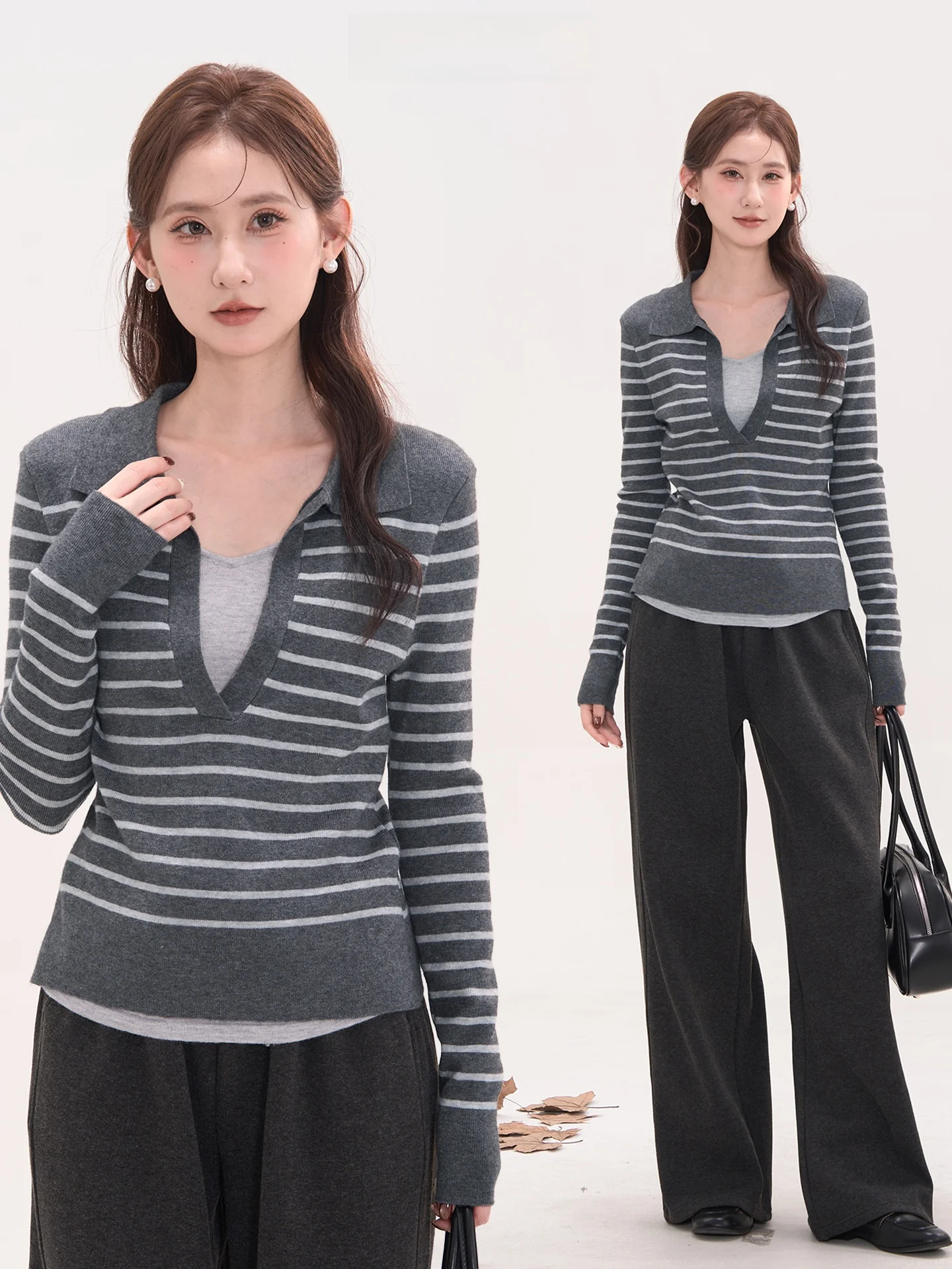 

Осенний полосатый трикотажный джемпер с длинным рукавом и отложным воротником, теплый, из смесового полиэстера, женский, модный, для повседневной носки