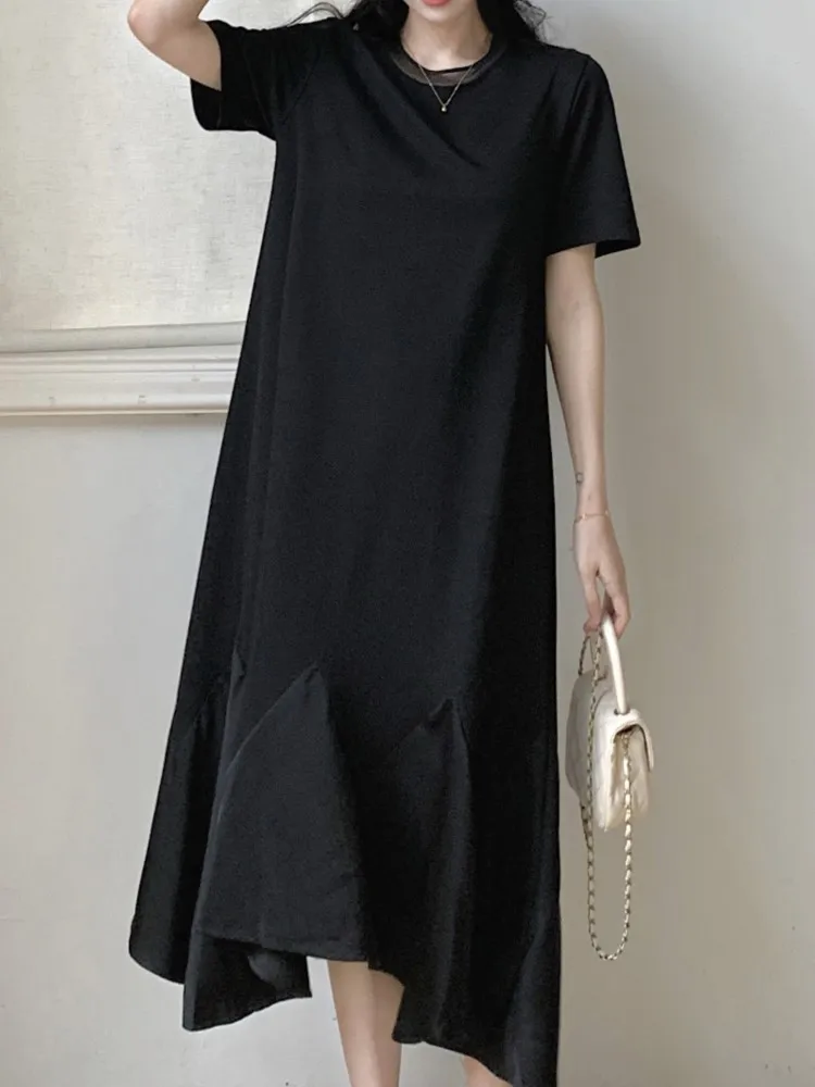 حجم كبير الصيف كوريا الجديدة غير النظامية امرأة فستان Vestidos رداء Elbise فضفاض المرقعة قصيرة الأكمام فستان طويل