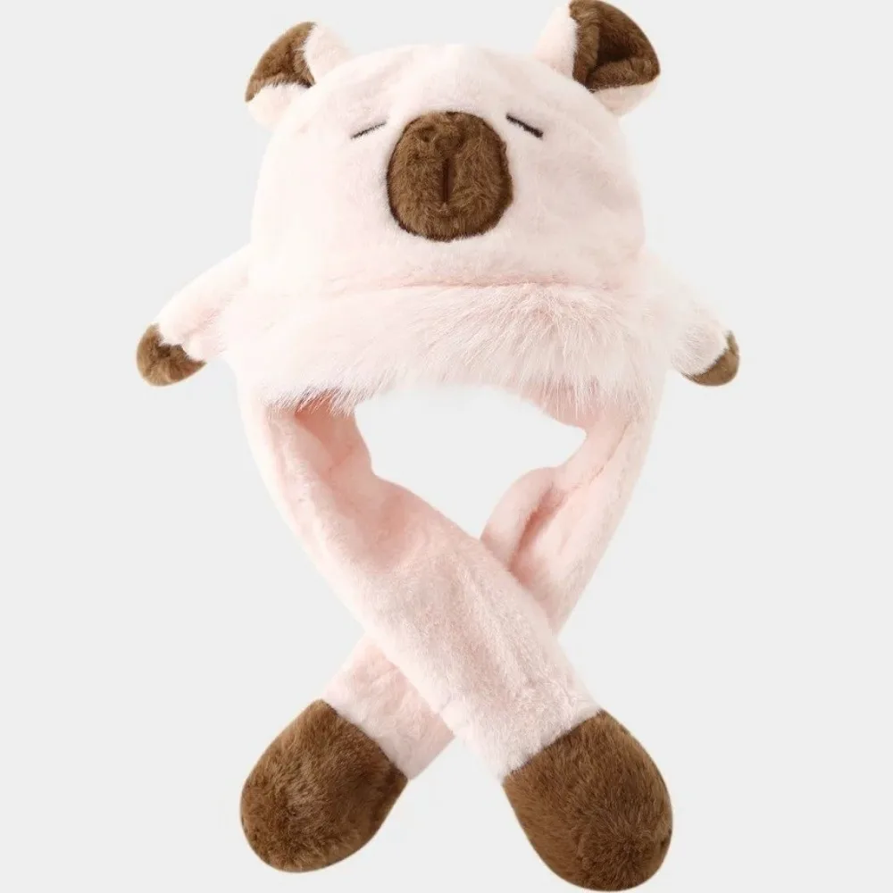 Gorro con protección para los oídos a prueba de viento de dibujos animados, gorro con orejas móviles gruesas, conjunto de bufanda, bufanda con capucha de capibara suave integrada para invierno