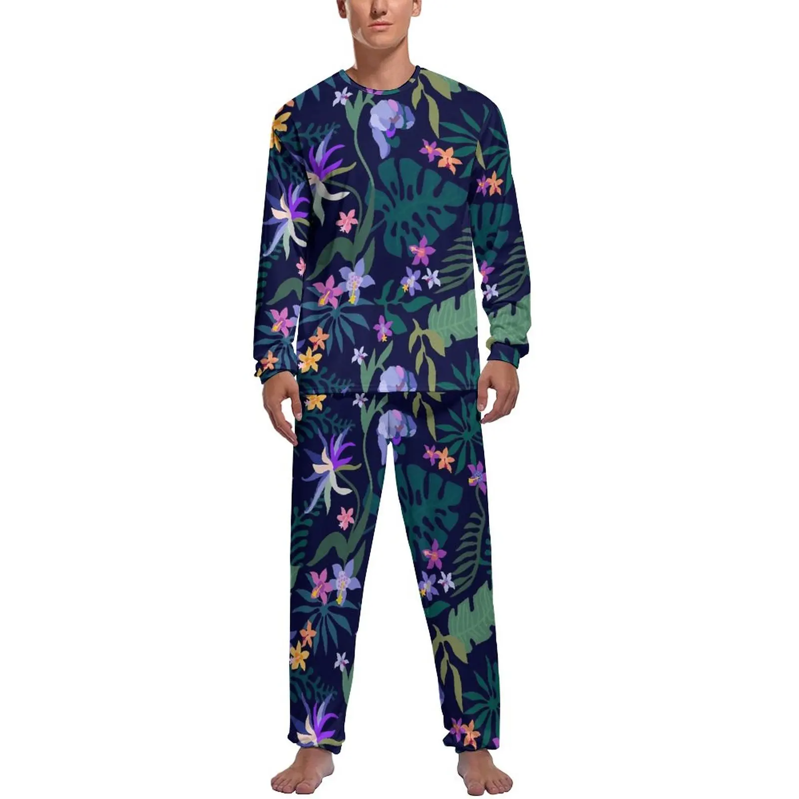 Night Tropical Floral Pajamas Long Sleeve Flowers Print 2 Pieces Sleep Pajama Sets Autumn Male Graphic Kawaii Home Suit