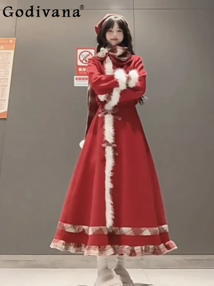 

Sweet Girl Japanese Style Lolita Autumn Winter Warm Plaid Wool Coat Cute College Style Versatile Three-Piece Set