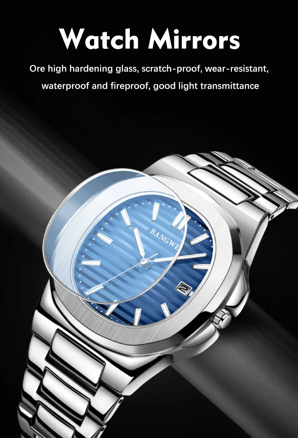 BANGWEI Modische Quadratische Quarz-Herrenuhr Wasserdicht Leuchtend mit Datumsanzeige Edelstahl-Uhren für Männer Luxuriöse Business-Herrenarmbanduhr – Detail 3