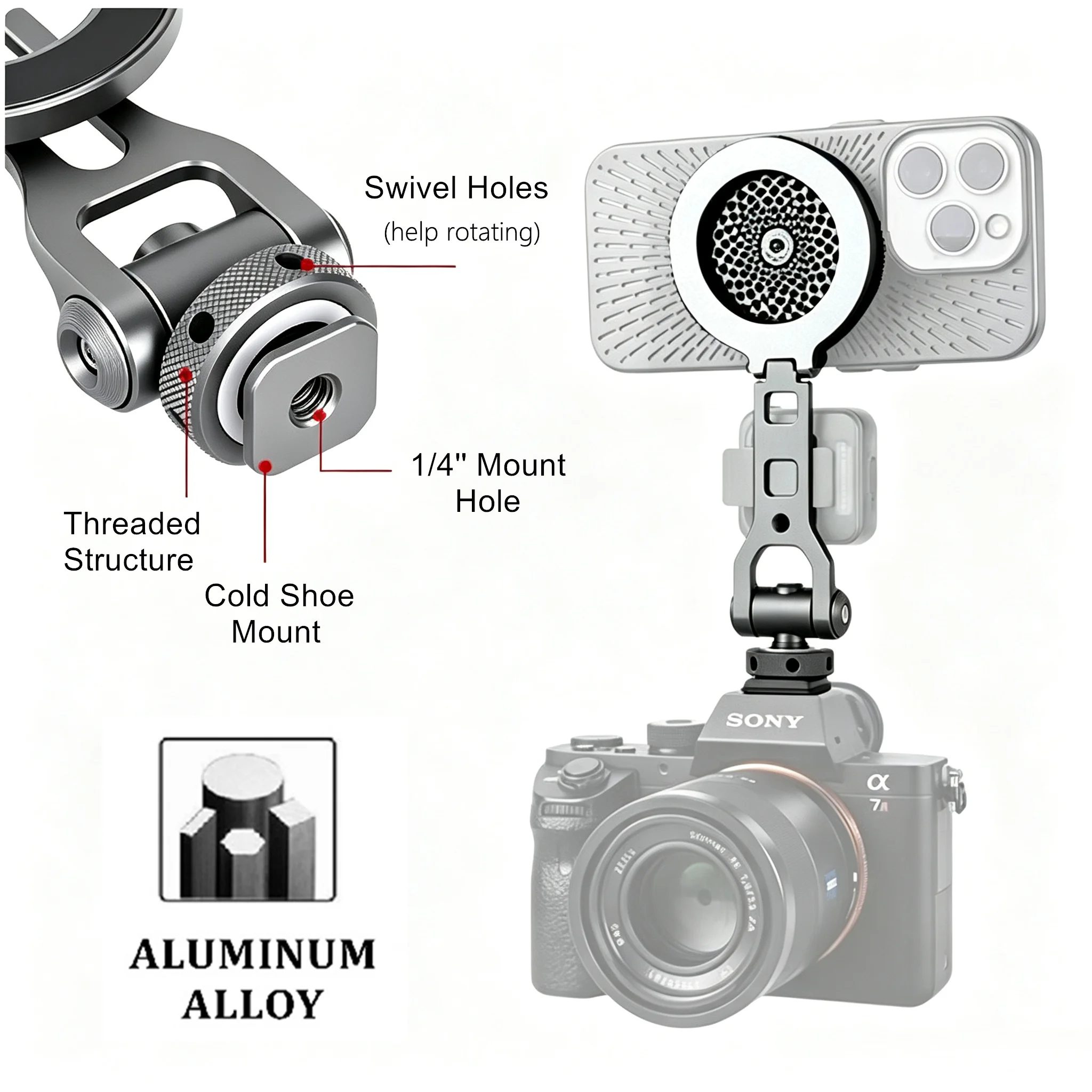 Camera Hot Shoe Magnetic Phone Holder, Full Rotation Aluminum MagSafe Bracket Compatible with Tripod Selfie Stick DSLR Cameras - view 3