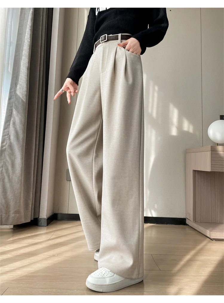 2023 Autumn and Winter New Wool Blended Wide-Leg Pants Straight Mopping Pants High Waist Slim Lengthened Casual Pants for Women