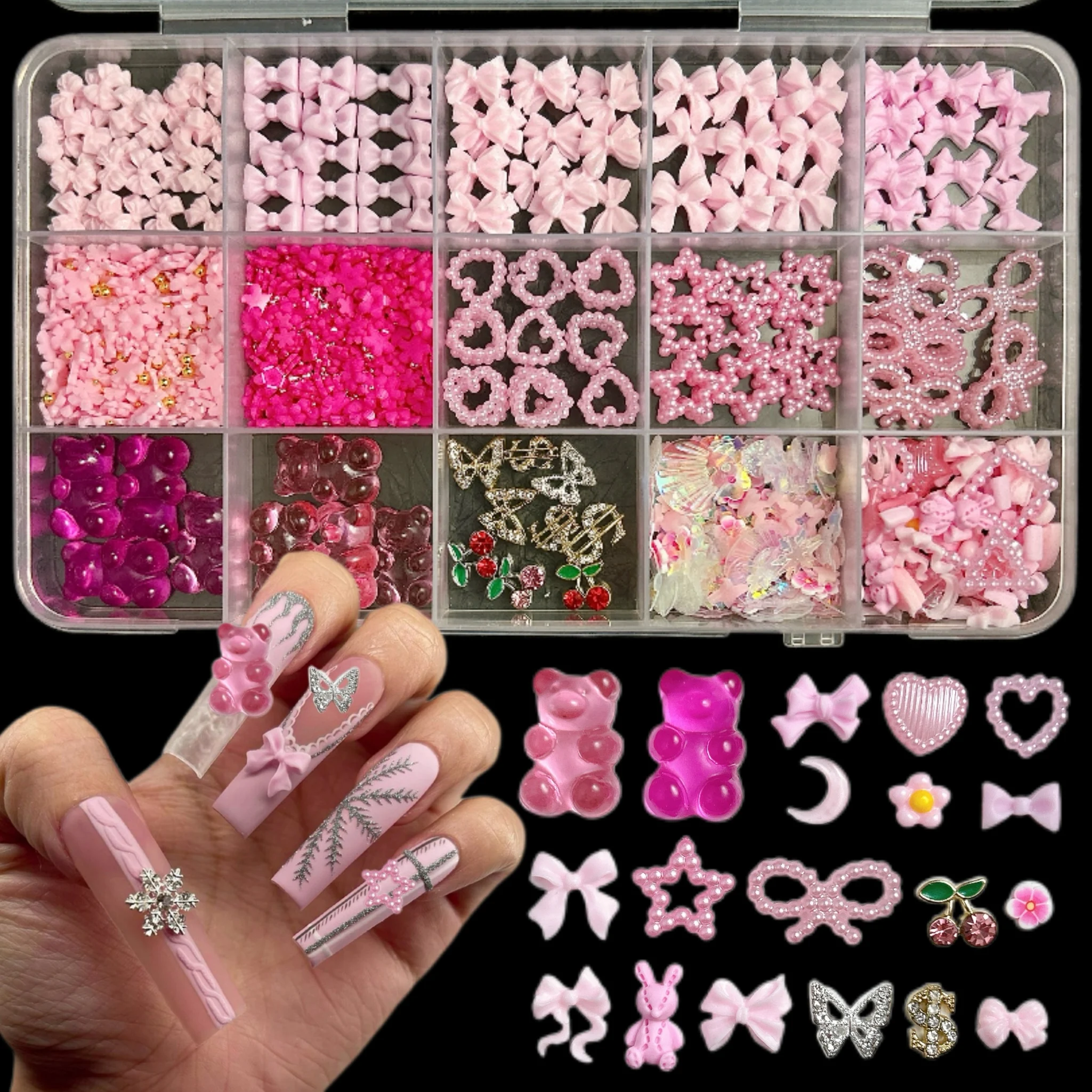 1Box Hollowed Realistic Pearl Heart Pentagram Nail Charms Sweet Wind Ribbon Bows Rainbow Mixed Resin Nail Art Decorations DIY