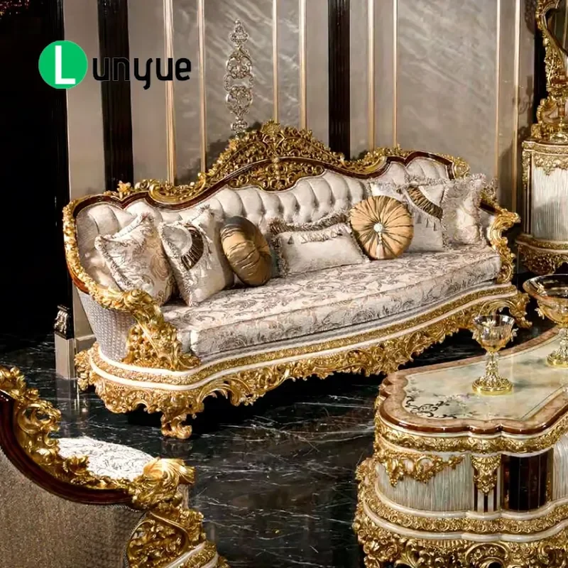 Luxury Royal Turkish Sofa Set Gold Solid Wood Carving Classic Living Room Furniture Elegant Home Decor