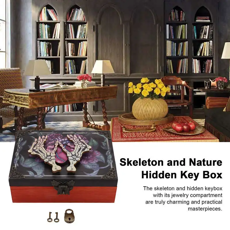 

Skeleton & Nature Key Box Wooden Gothic Theme Skeleton Art Key Box Personalized Halloween Memory Boxes