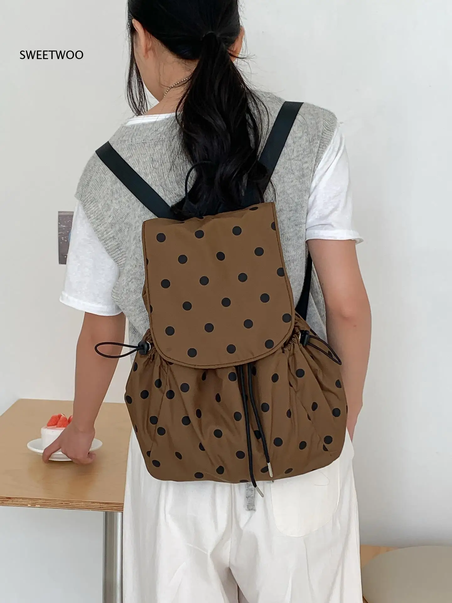 Polka Dot Drawstring Nylon Backpack Flap Cover Side Cinched Pocket Adjustable Shoulder Straps Lightweight Student Daily Rucksack