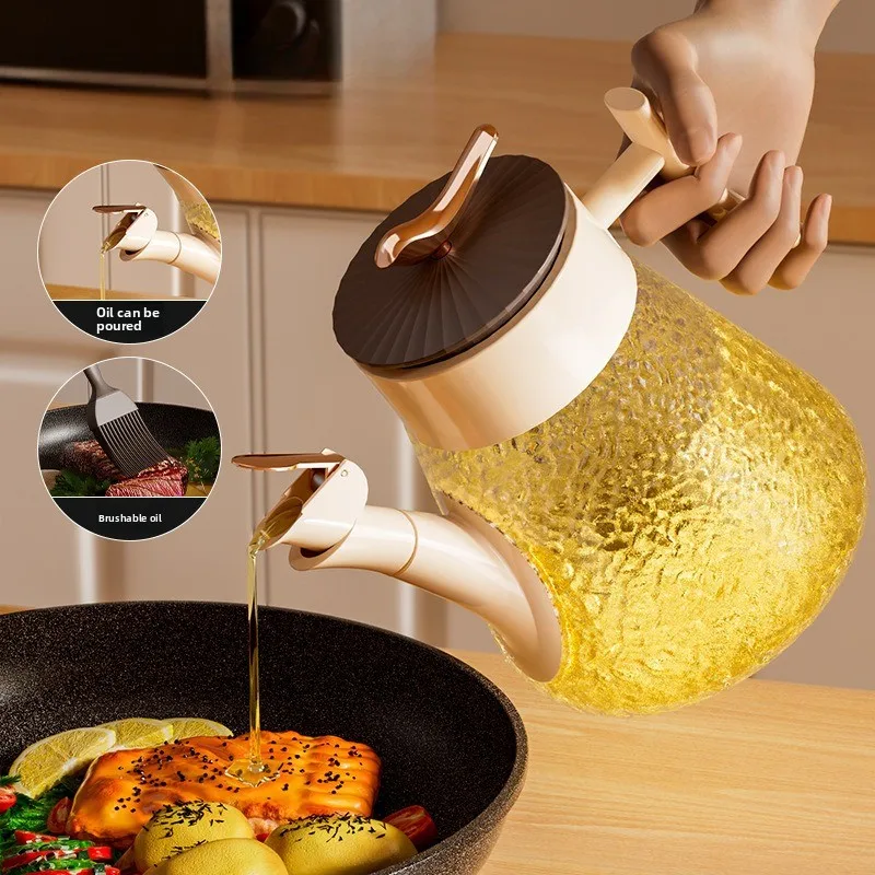 Gravity Oil Dispenser Kitchen Automatic Open Close Glass Bottle with Brush for Cooking BBQ Thickened
