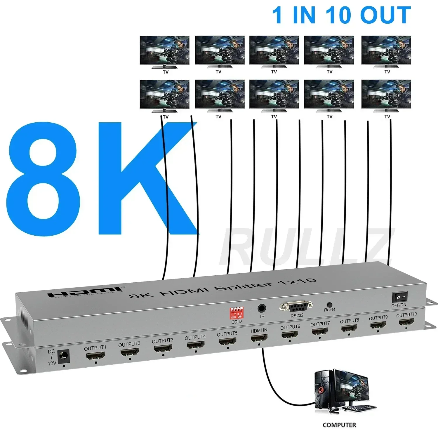 8K HDMI Splitter 1x10 4K 120Hz HDMI 2.1 Splitter 1 In 10 Out Video Distributor HDR 3D 8k60 for PS5 PS4 Camera PC To TV Monitor