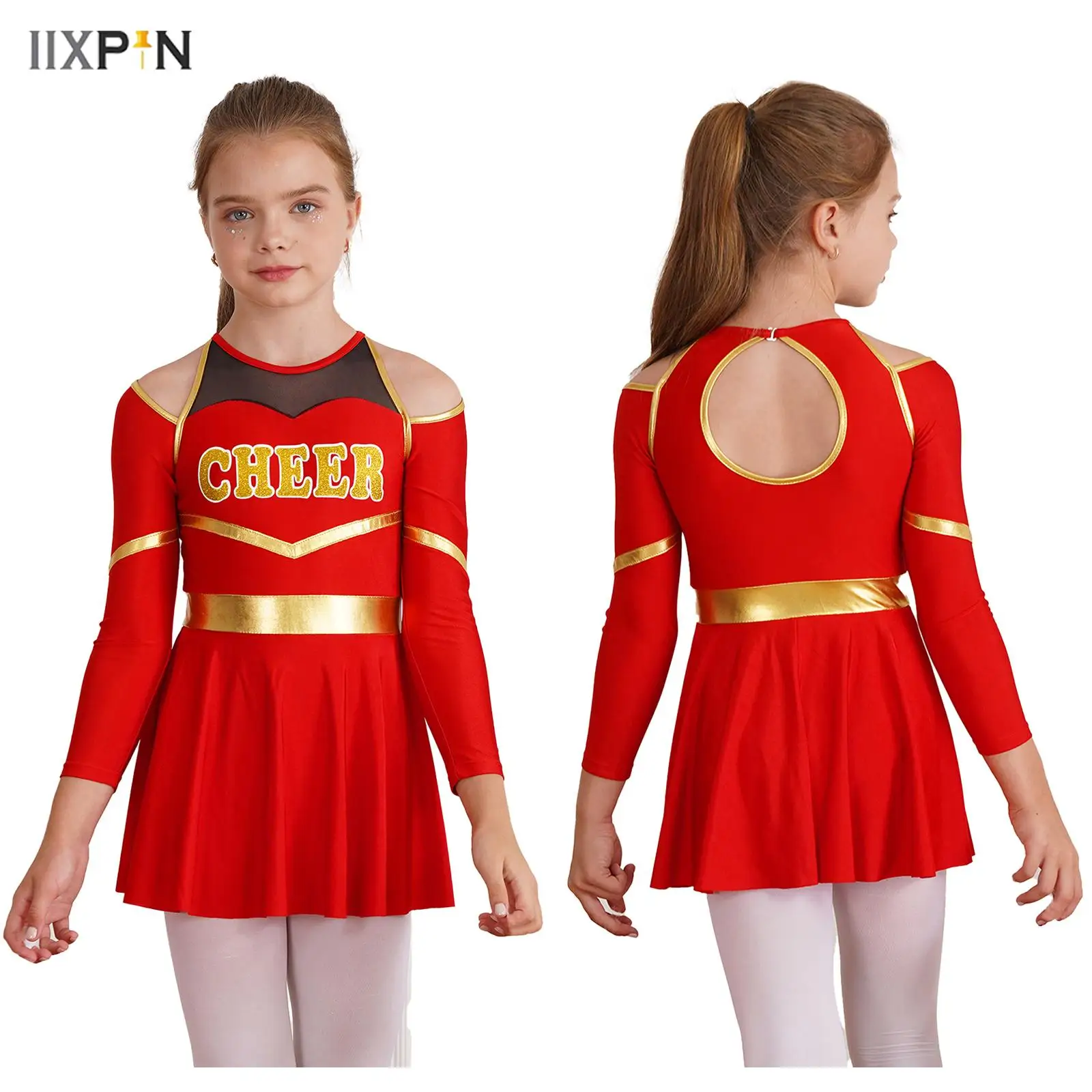 

Kids Girls Cheerleading Dance Dress Uniform Schoolgirls Letter Print Cold Shoulder Long Sleeve Contrast Color Leotard Dress