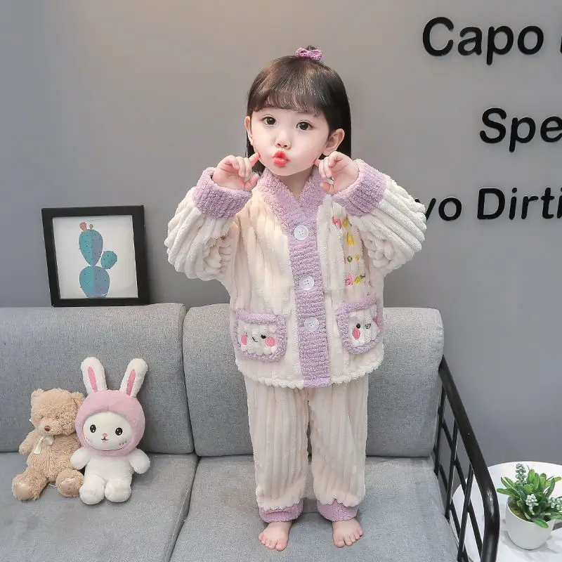 طقم بيجامة من الفلانيل للفتيات، ملابس نوم شتوية من الصوف المرجاني للأميرة للأطفال الصغار والأطفال