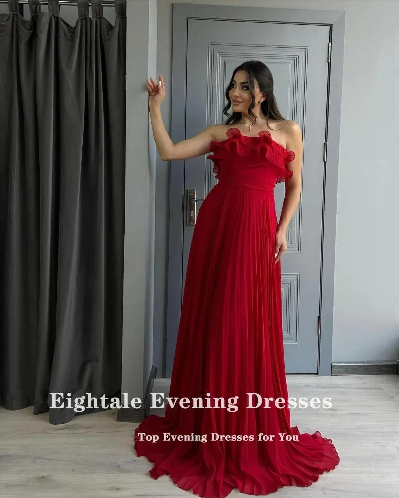 Eightale アラビア語イブニングドレス ストラップレス カスタマイズプリーツ Aライン レッドシフォン セレブリティ プロム ウェディングパーティードレス