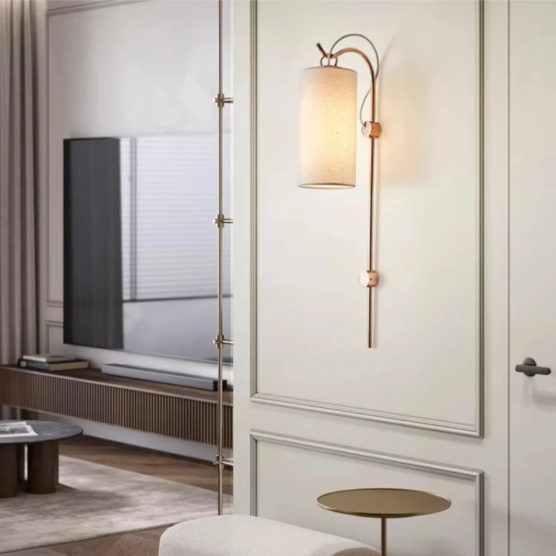 American Rose Gold Wrought Iron Long Pole LED Wall Lamp Cylindrical Fabric Light Living Room Bedroom Restaurant Corridor Sconces