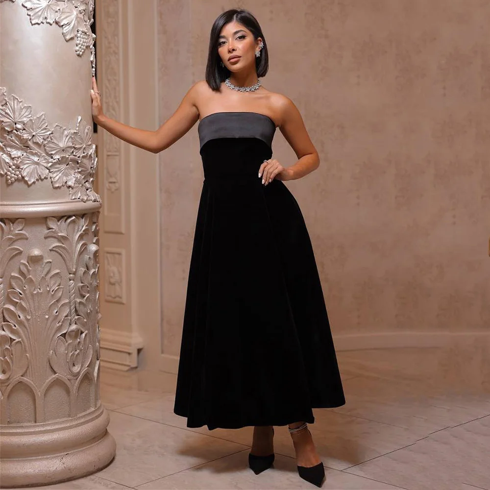 Customized Temperament A-line Sleeveless Prom Gown Sexy Strapless Backless Velour Patchwork Evening Dresses For Women
