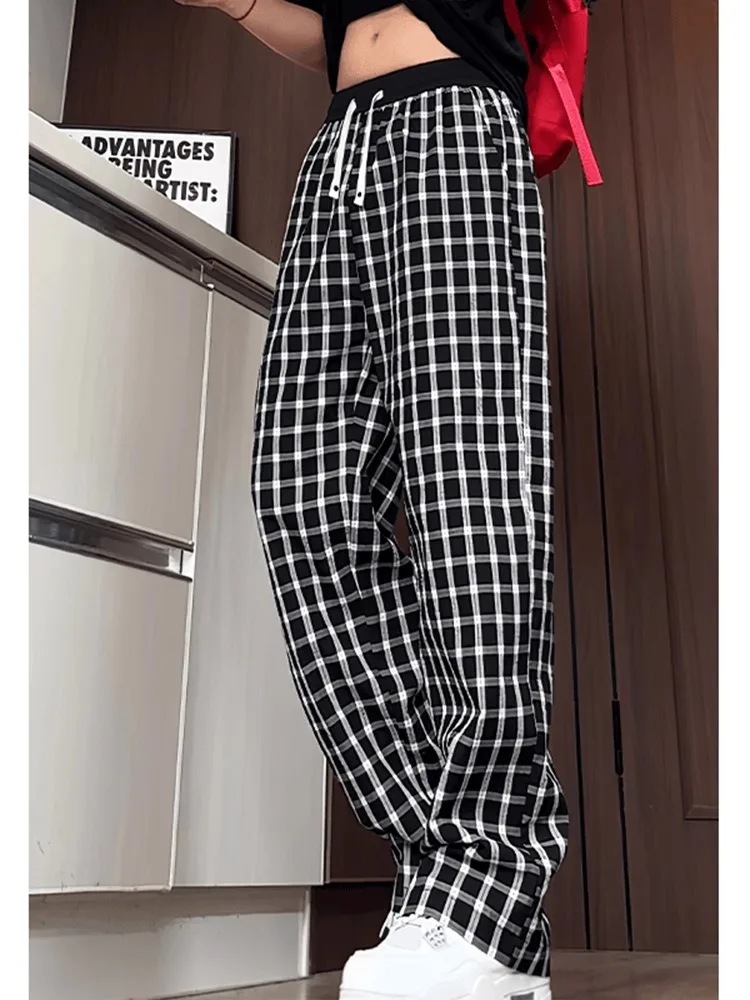 Lightweight Summer Plaid Men's Casual Pants Loose Wide Leg Straight Cut American Cleanfit Comfortable Breathable Faionable