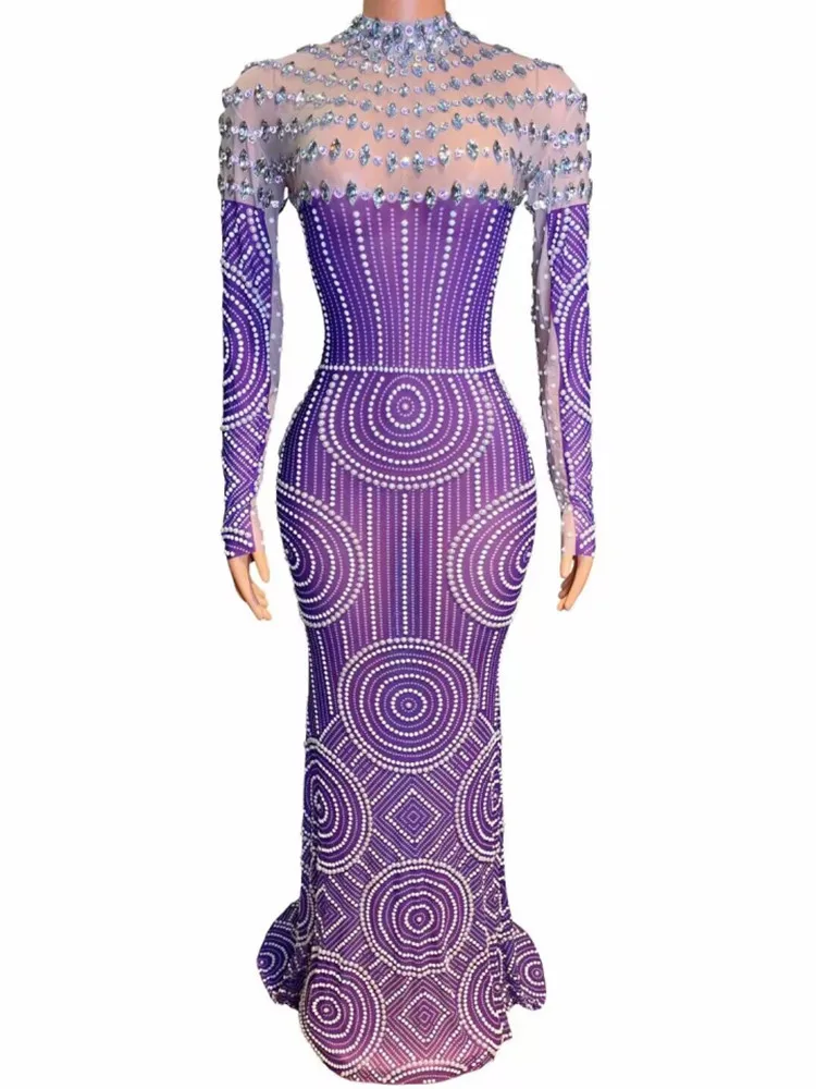 Customized 2023 New Arrival Women Long Sleeve Sexy Mesh Crystal Bodycon Long Dress Celebrate Mermaid Wedding Party Dress